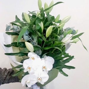 Elegant White Orchid and Lily Bouquet